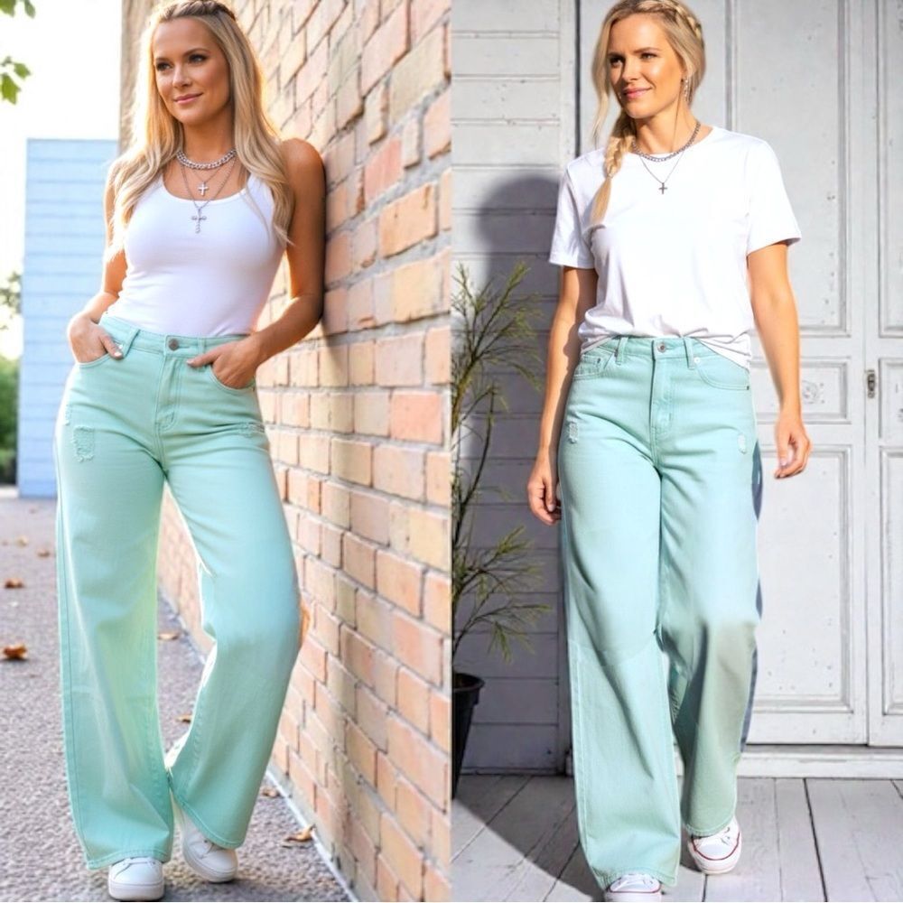Mint Blue High Rise Distressed Wide Leg Jeans NWT | American Bazi - Picture 7 of 16